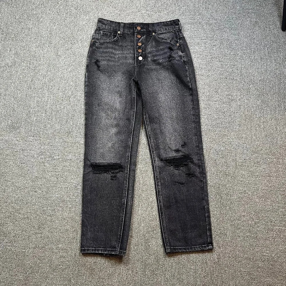 Böhme Straight Leg Gold Button Front Distressed Jeans Grey Wash Sz 26 High Rise